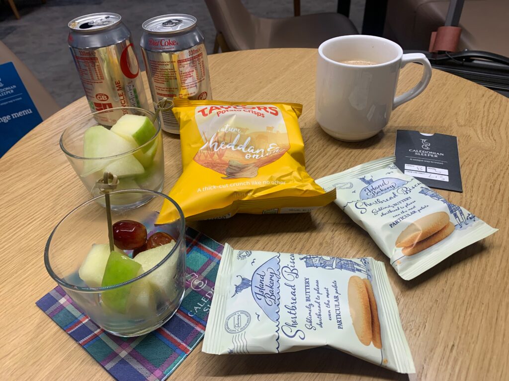 Selection of goodies from the Caledonian Sleeper Lounge at Euston Station in London4c96737ecdd6